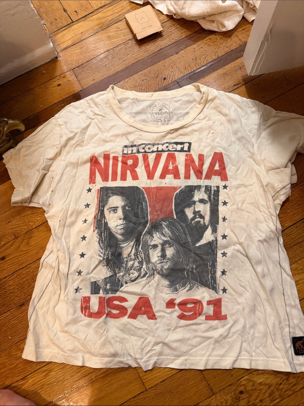 NIRVANA Cream Tee with Red and Black USA '91 Tour Graphic